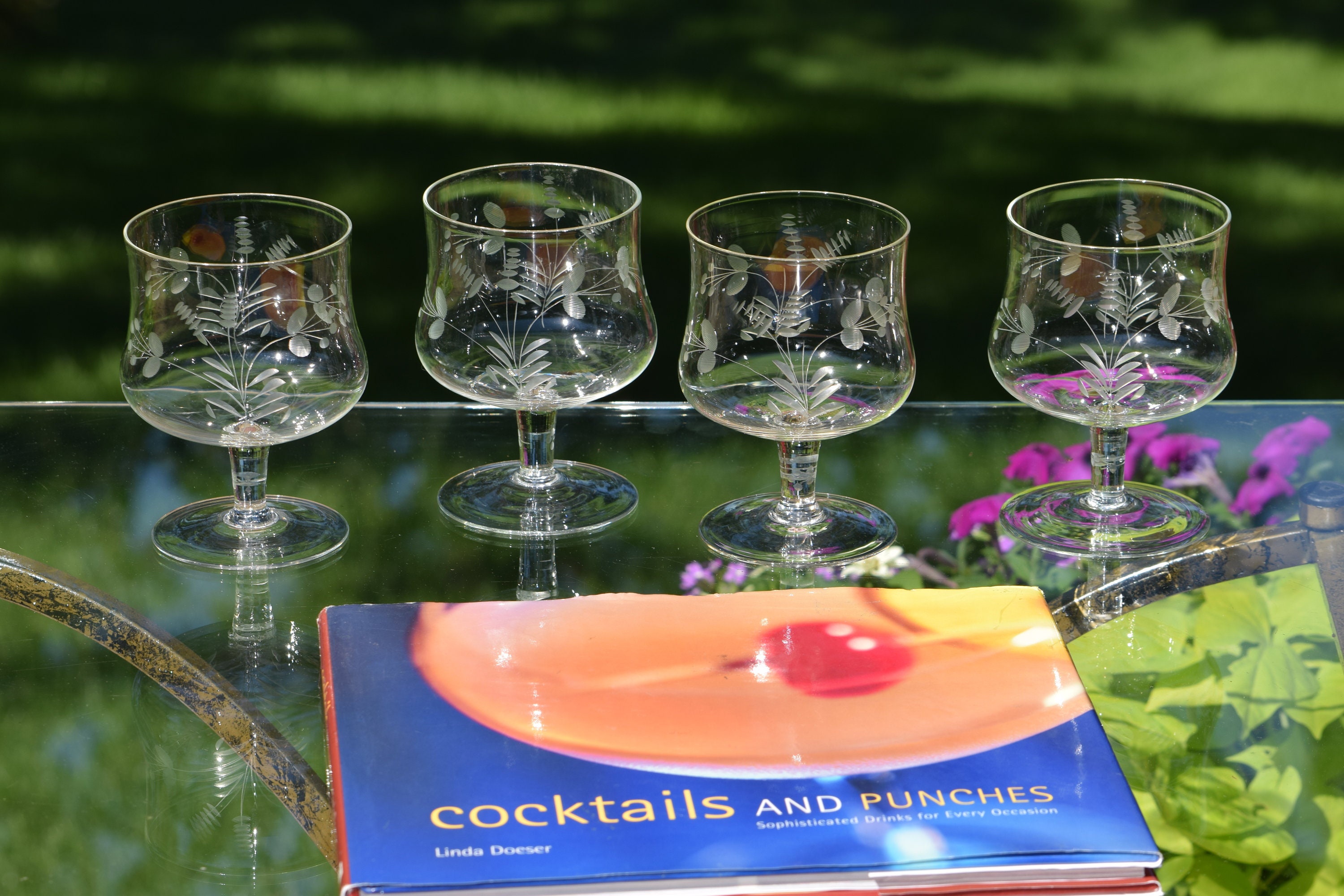 Vintage Etched Glass Brandy Snifter Glasses Cocktail Glasses, Set of 4, Vintage Etched