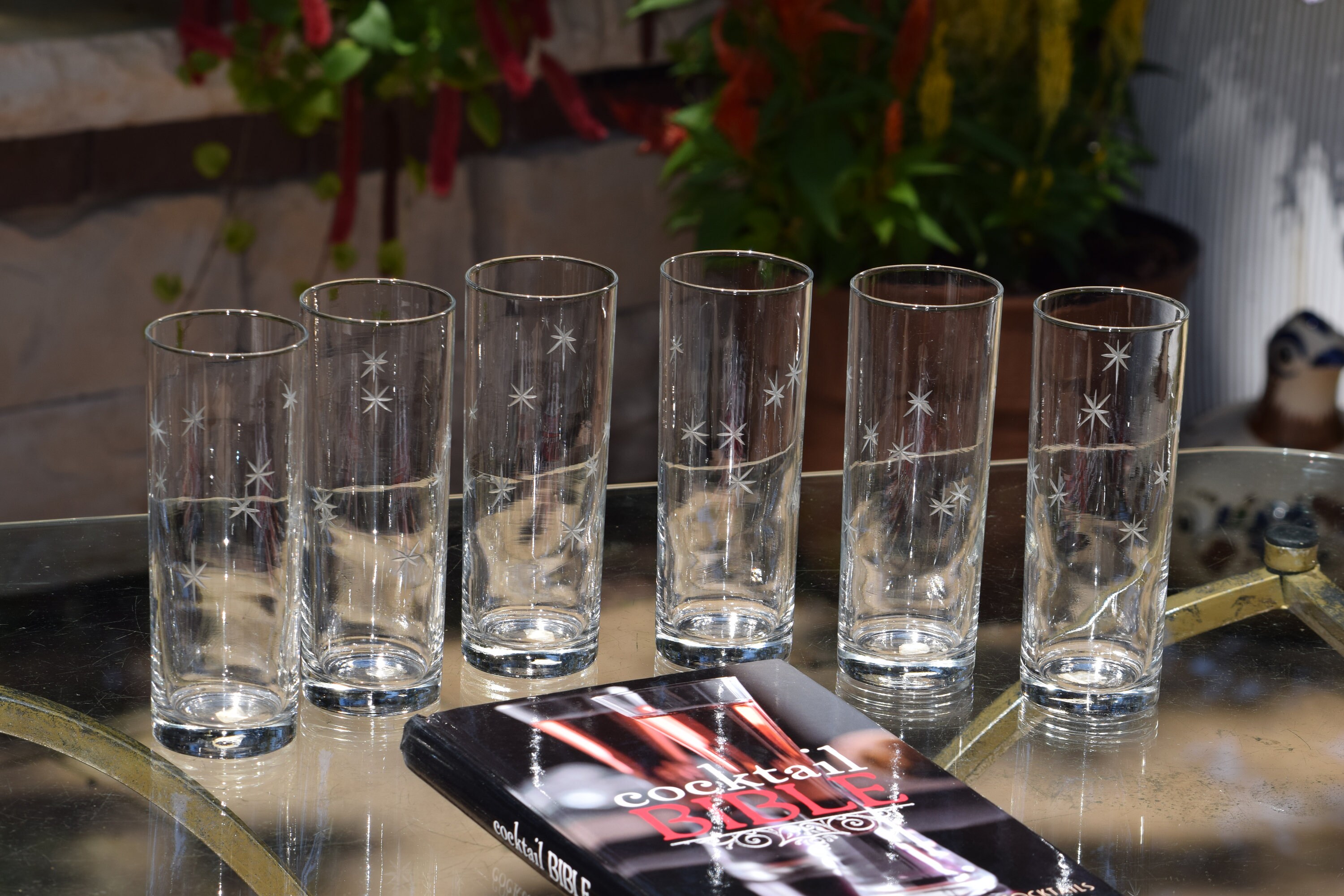 6 Vintage Etched COLLINS Glasses, Cocktail Party Glasses, Mid Century