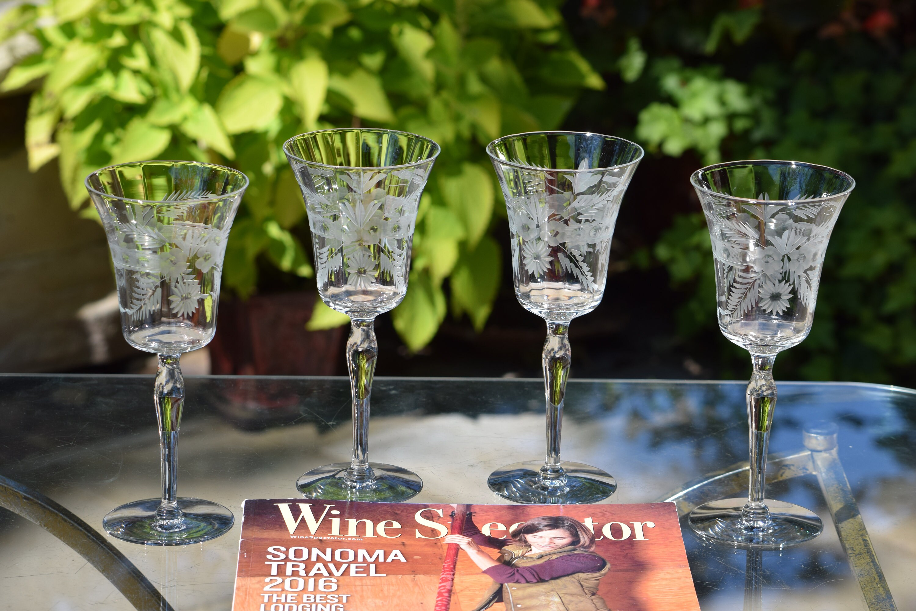 RESERVED - SOLD--8 Vintage Etched Wine Glasses, circa 1950's, Tall