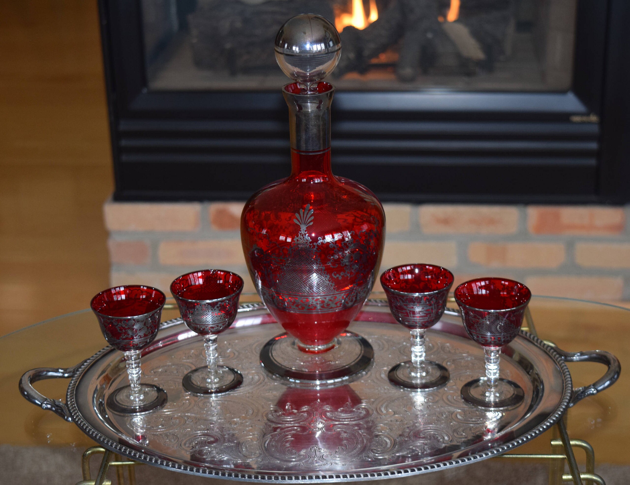Vintage Red Hand Blown Glass Wine Decanter with Silver Hand Painted