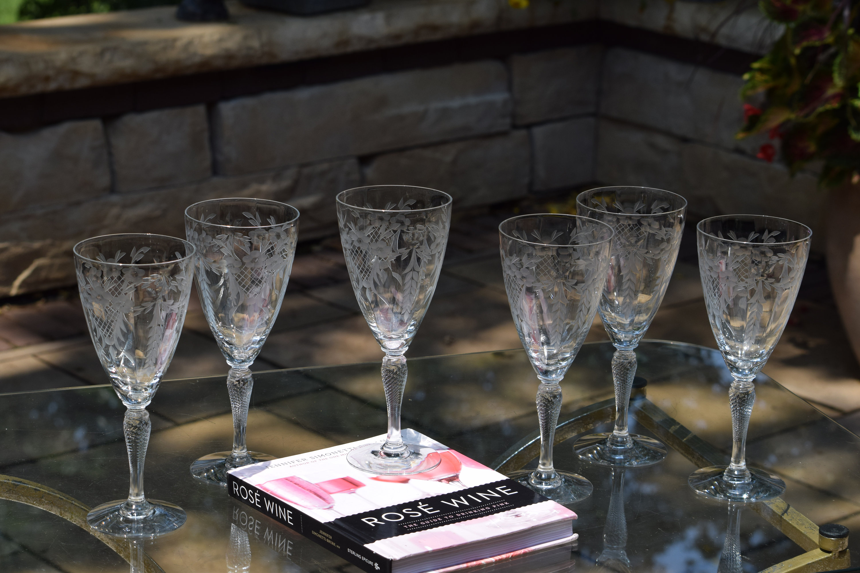 6 Vintage Etched - Cut CRYSTAL Wine Glasses, 8 oz Crystal Wine glass,  Vintage Crystal Water Goblets, Etched Roses Wine Glasses