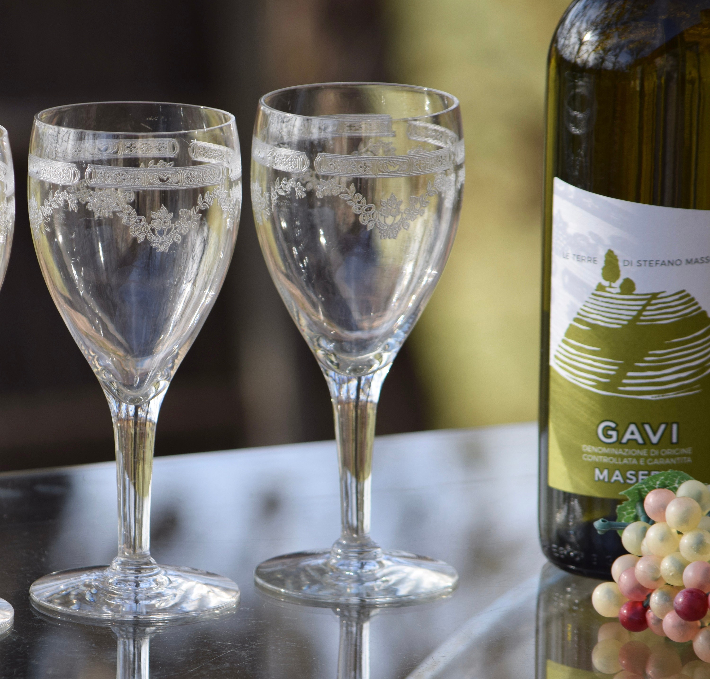 Vintage Needle Etched Wine Glasses, Set of 4, circa 1940's, Antique