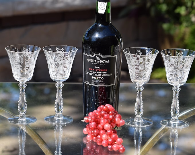 Vintage Etched Crystal Port Wine Glasses, Fostoria Heather, Set of 5