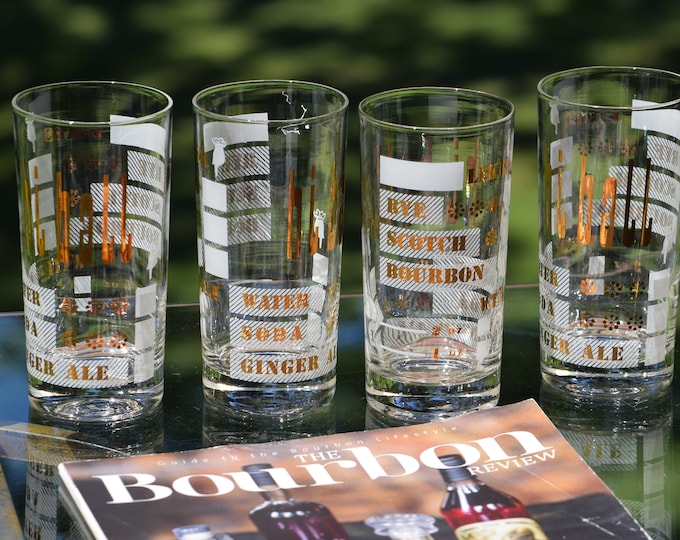 Very Cool Highballs! 6 Vintage Cocktail Highball Glasses ~ Whiskey Glasses, "Likes Rye Scotch Bourbon"  Highballs, Gin Glasses, 1950's