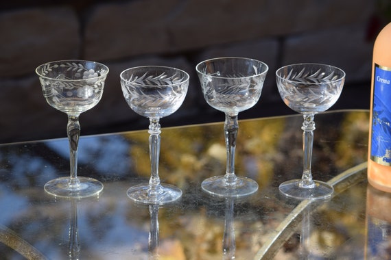 Vintage Etched Crystal Martini Glasses, Cordial Glasses, and Wine