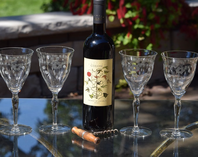 SIP IN STYLE! 4 Vintage Etched Wine Glasses ~ Water Goblets,  8 oz Wine glasses, circa 1950, Vintage Etched Cocktail glasses