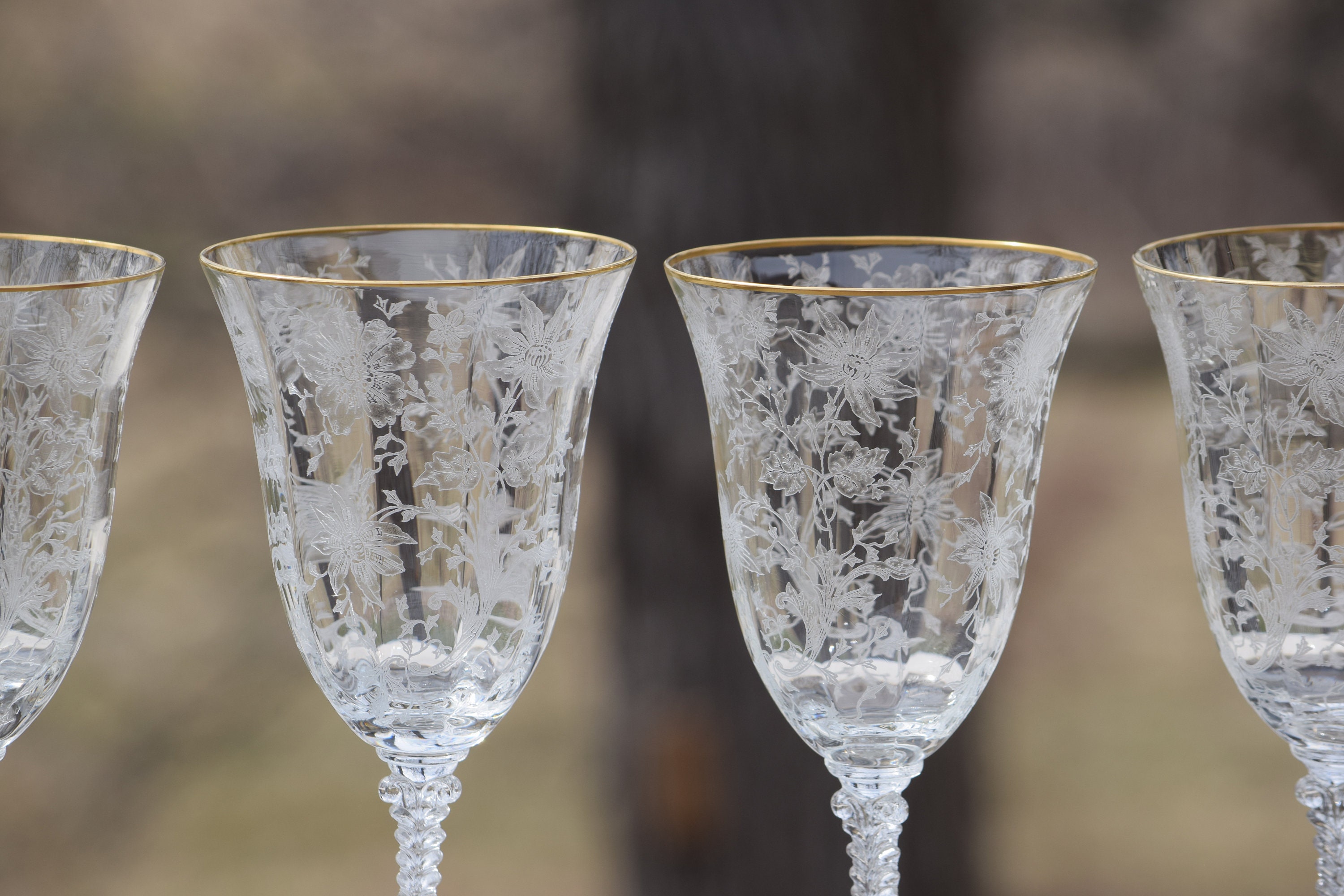 4 Vintage Etched Crystal Wine Glasses, Cambridge, 1940's, Crystal Water  Goblets