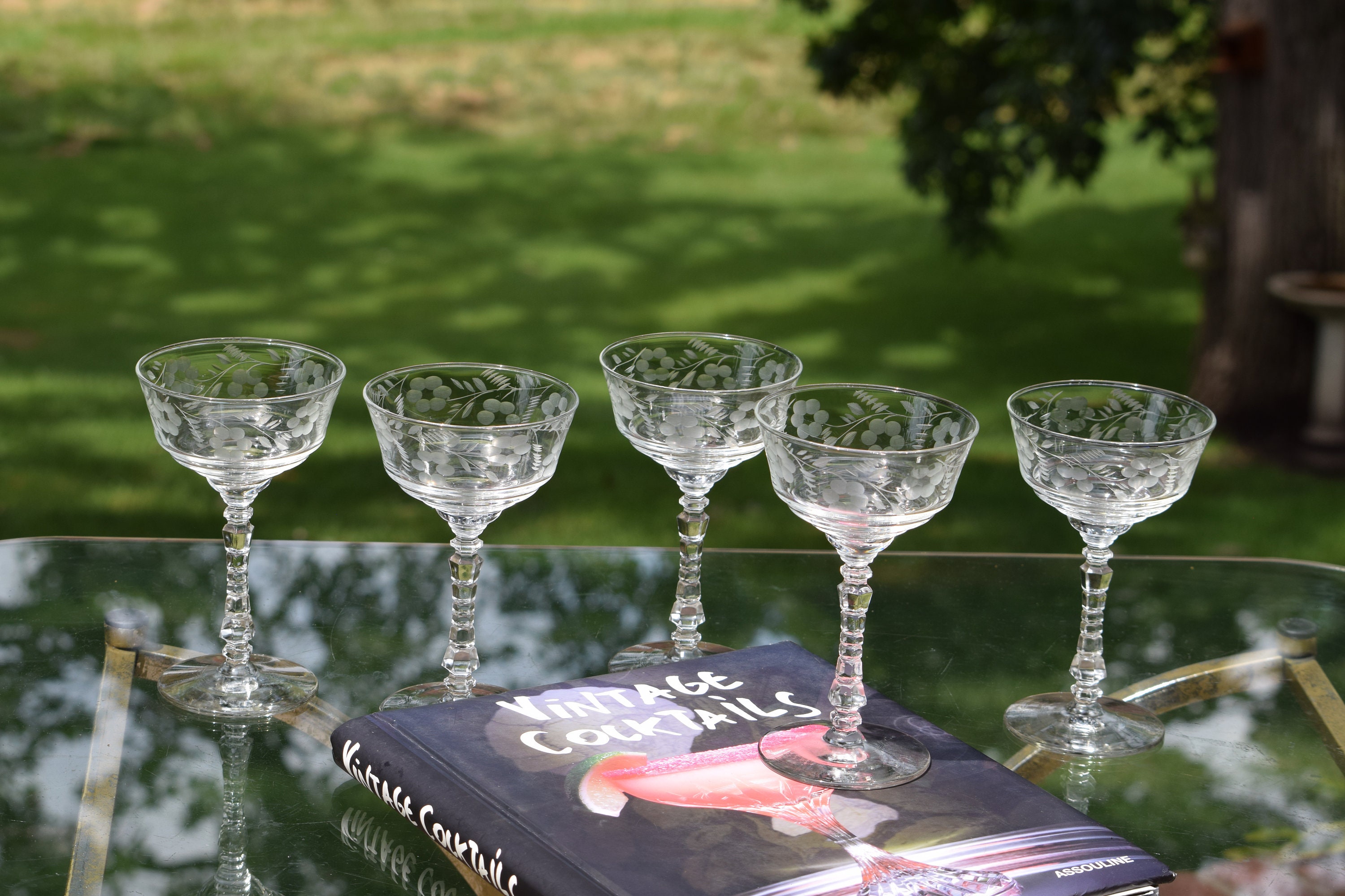 5 Vintage Etched Cocktail Glasses, 1950's, Cocktail Party Glasses