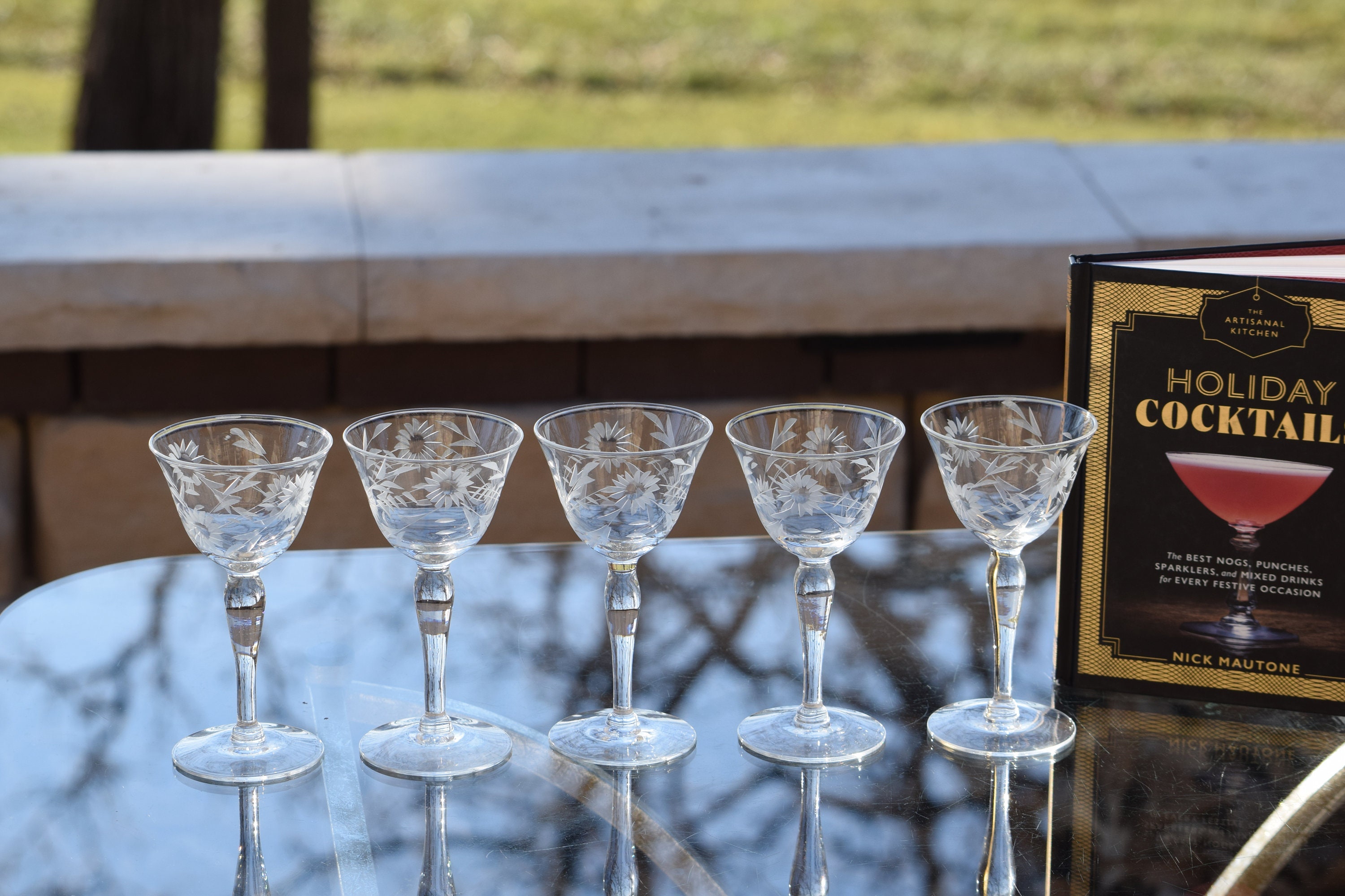 5 Vintage Etched Wine ~ Liqueur Glasses, 3 oz After Dinner Drink