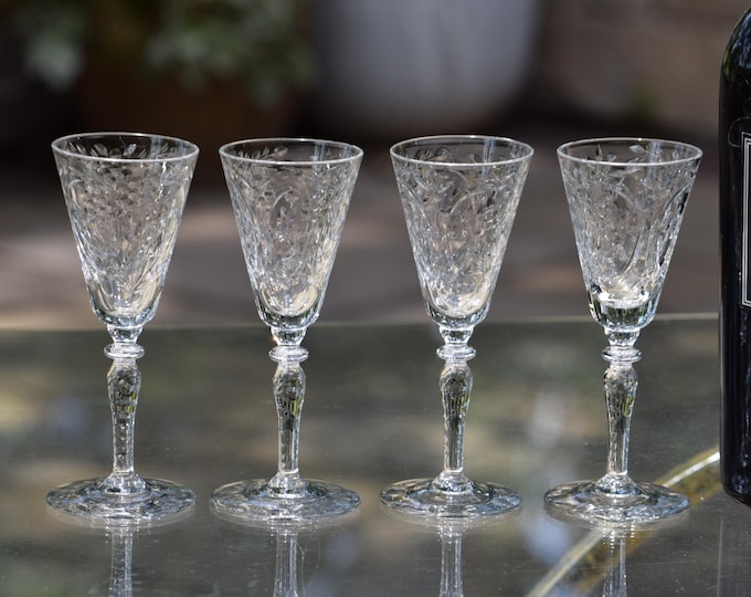 PORT WINE LOVER? 4 Vintage Etched Wine Glasses ~ Port Wine Cordials, circa 1940's, Port Wine 2 oz Dessert Wine Glasses, American Made