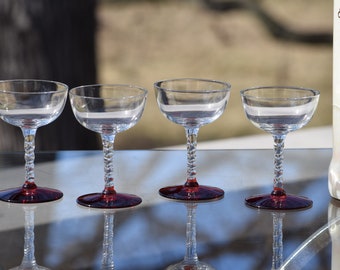 4 Vintage Liqueur ~ Cocktail glasses with Red Foot and Twisted Stem ~ 3 oz After Dinner Drinks ~ Small Cocktails  ~ Liqueur Glasses