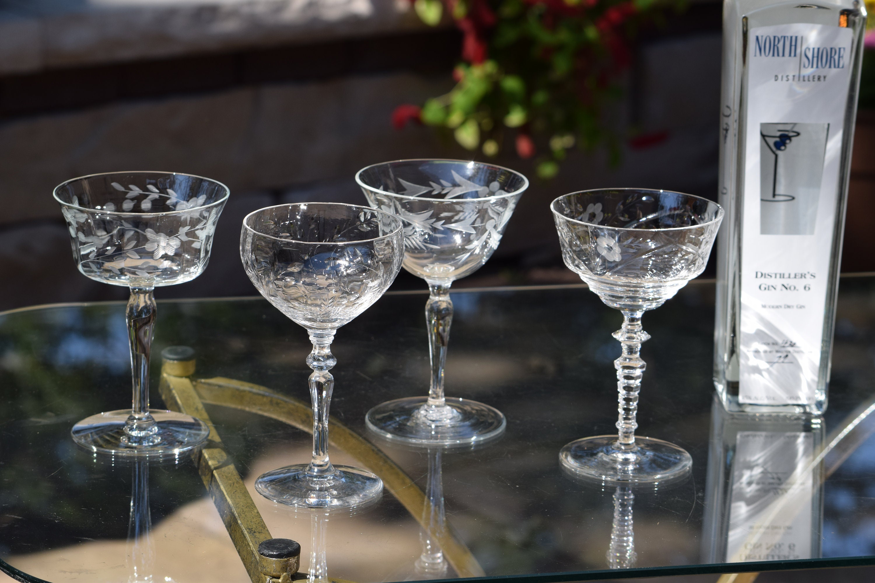 4 Vintage Etched Cocktail Martini Glasses, Set of 4 Mis-Matched - Mixed Cocktail  glasses, Vintage Champagne Glasses ~ Manhattan Glasses