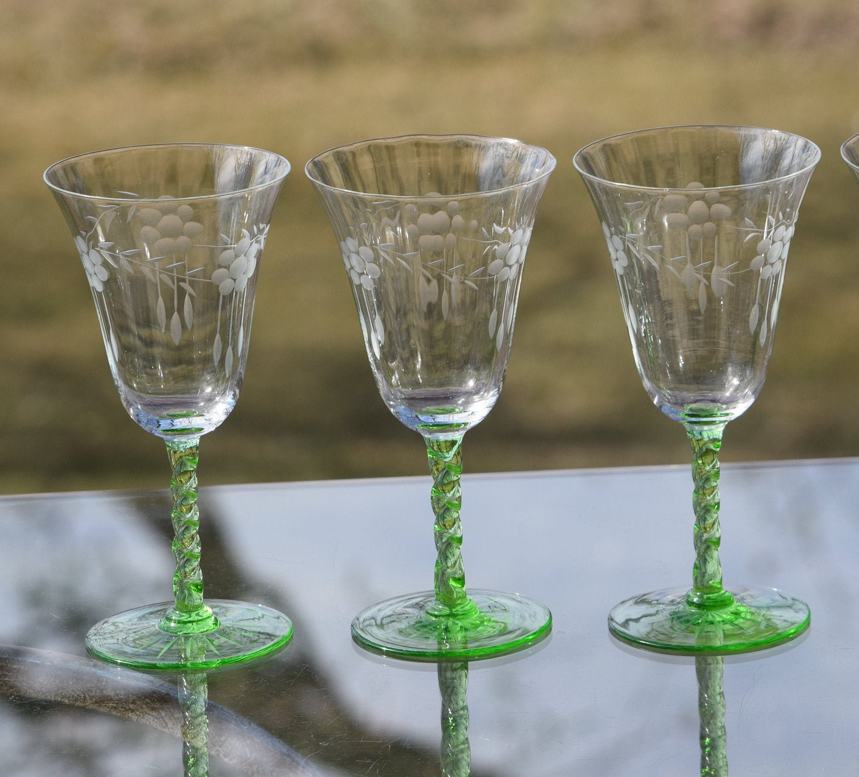 Vintage Green Stem Etched Wine Glasses Set Of 5 Green Vaseline Depression Glass Wine Glasses