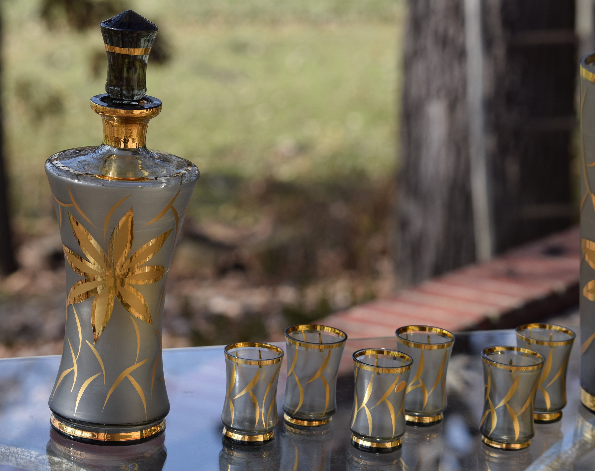Vintage Gold Floral Wine Decanter with matching shot glasses and Wine