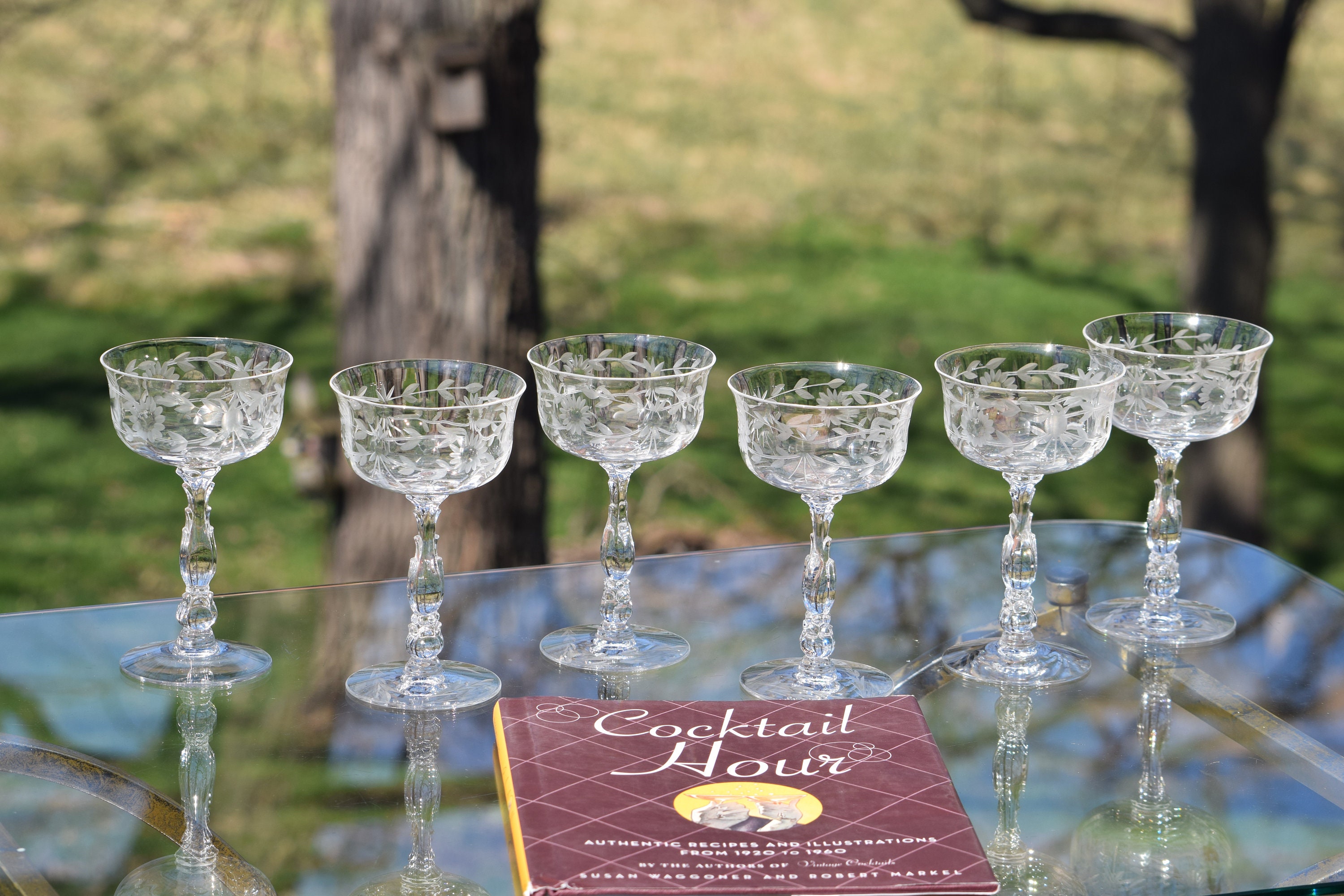 Vintage Etched Cocktail Martini Glasses, Set of 6, Fostoria, circa 1940