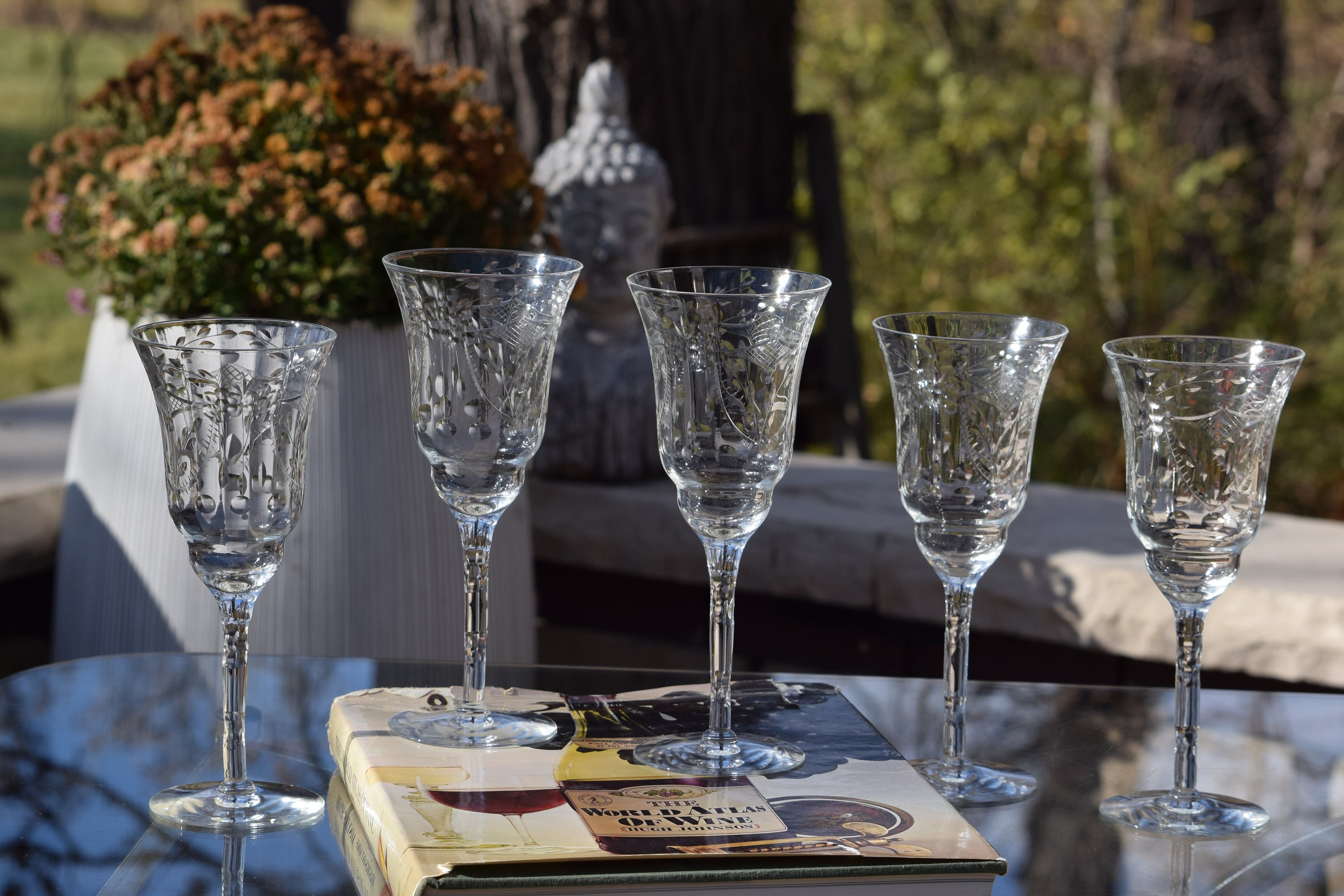 5 Vintage Etched Tall Wine Glasses ~ Water Goblets, 1950's Etched