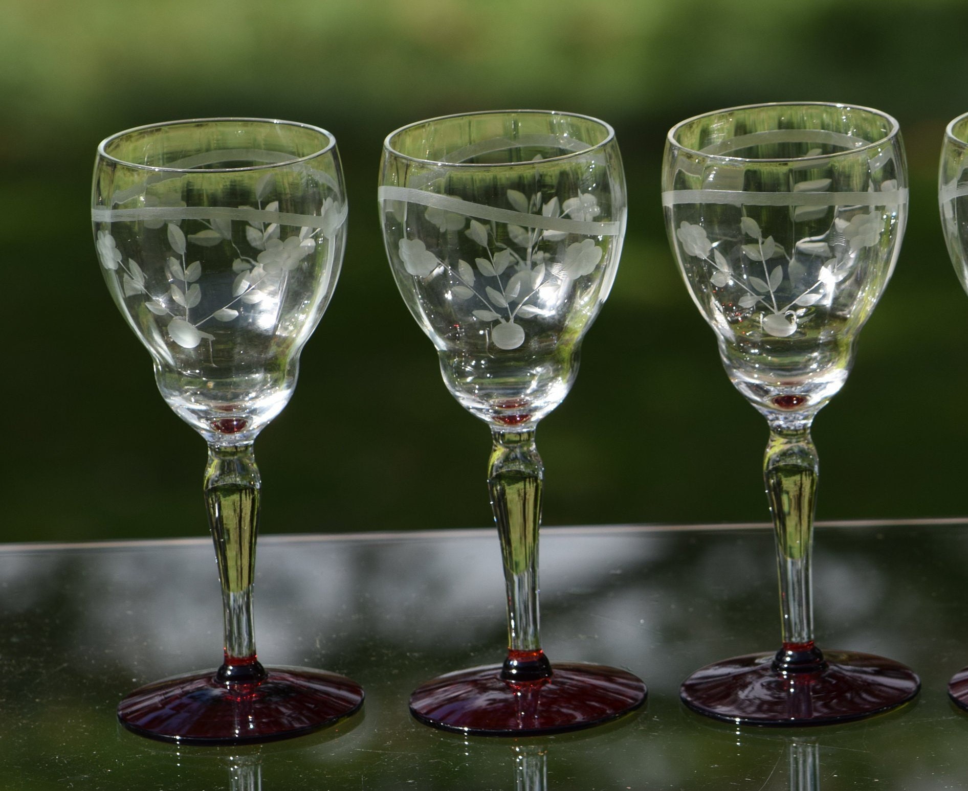 Vintage Etched with Ruby Red Foot Wine Glasses, Set of 5, circa 1950, 5