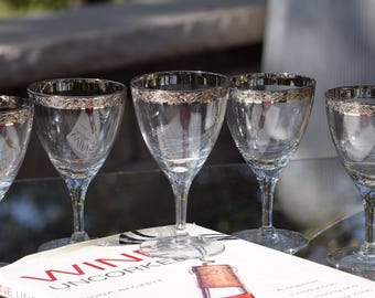 Vintage Crystal Platinum Rimmed Wine Glasses, Set of 6, Wine Tasting Party Glasses, Wine Cellar Glasses,  1960s