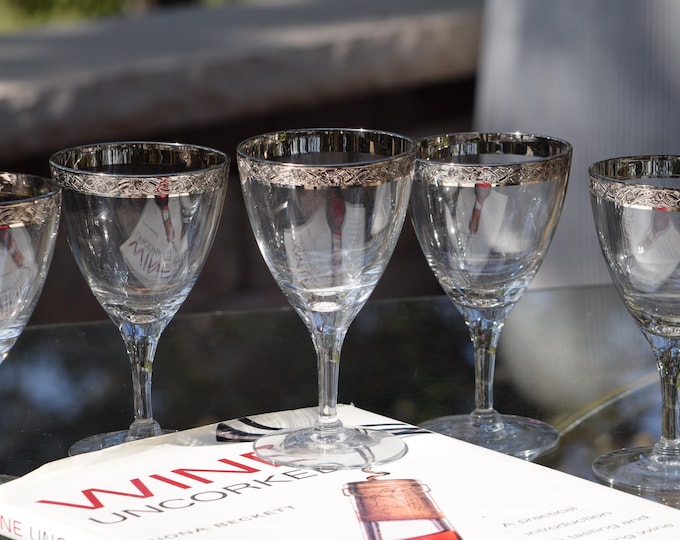 Vintage Crystal Platinum Rimmed Wine Glasses, Set of 6, Wine Tasting Party Glasses, Wine Cellar Glasses,  1960s