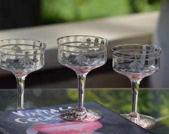 Love Pink? 4 Vintage Pink Etched Cocktail - Martini Glasses, 1950,  Mixologist Cocktail Glasses,  Vintage Stemware, Bridal Showers
