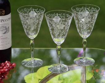 6 verres à vin vintage gravés à l'acide ~ gobelets à eau, Fostoria, Woodland, vers 1922, verres à vin anciens floraux gravés à l'acide, grillage de mariage