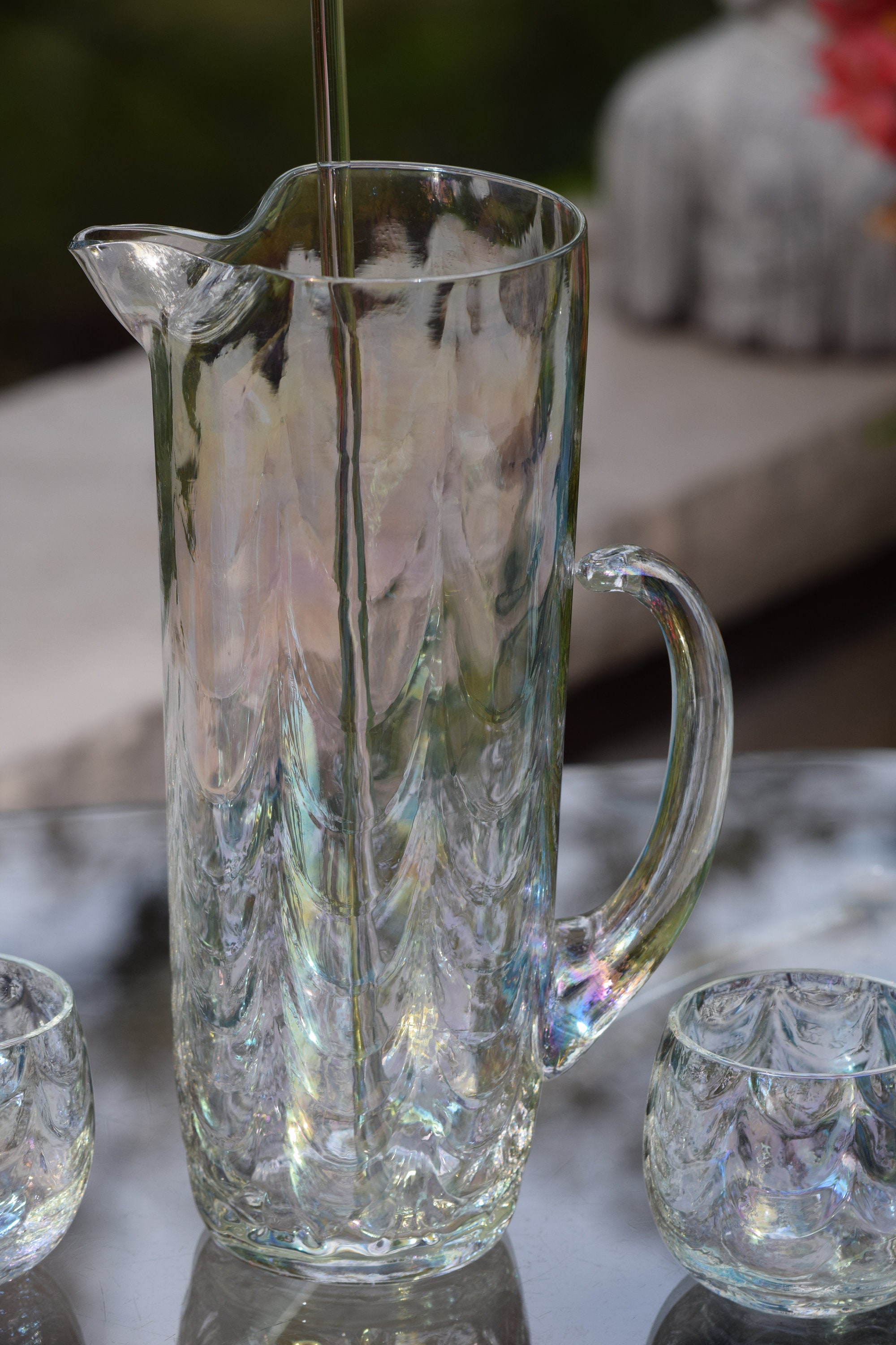 West Virginia Glass Draping Rainbow Iridescent Cocktail Pitcher Set