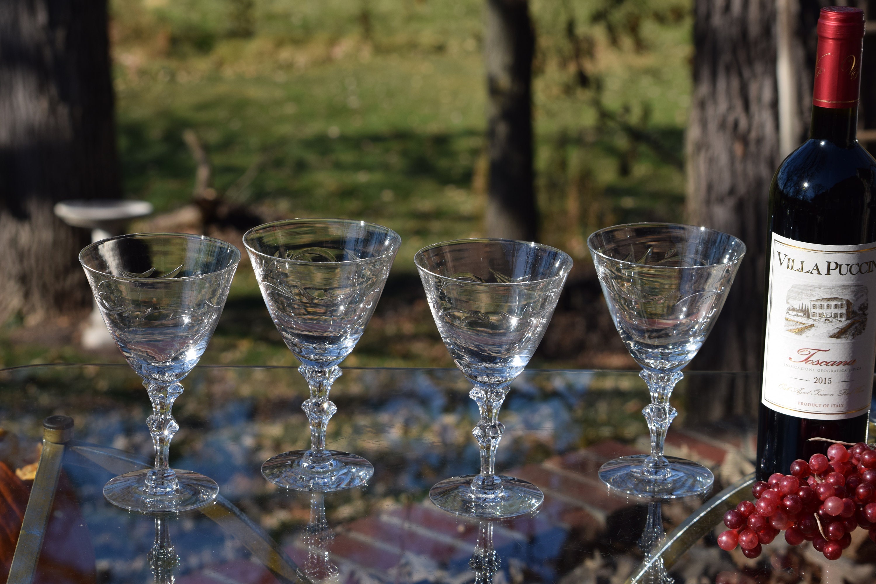 4 Vintage Etched CRYSTAL Wine Glasses ~ Champagne Glasses, Tiffin