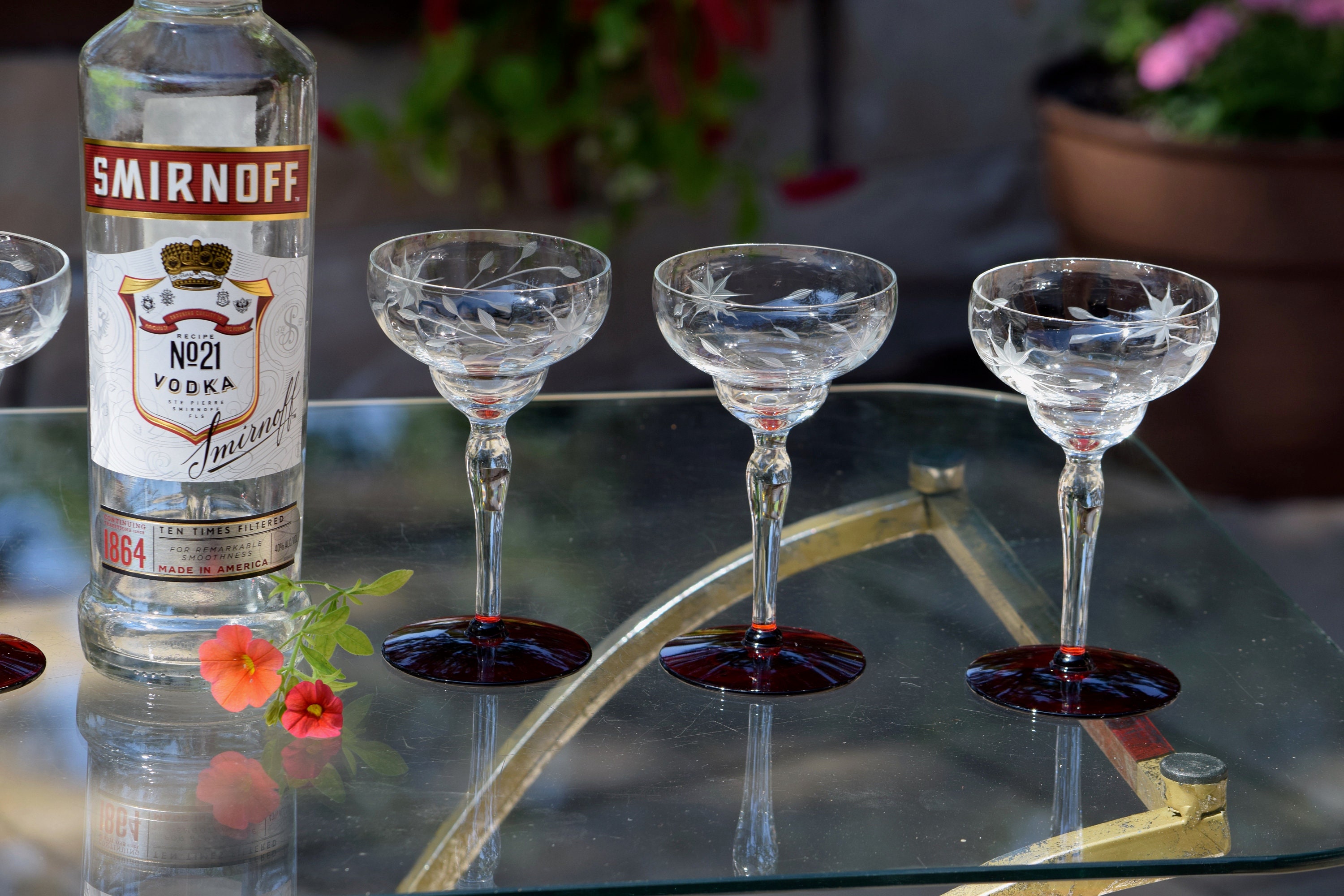 6 Vintage Etched Red Cocktail Glasses, 1950's, Vintage 4 oz Small