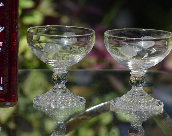 Start Sipping!  5 Vintage Etched Cocktail Martini Glasses, Nick and Nora Coupe, 1950's, Etched Champagne Glasses~ Coupes