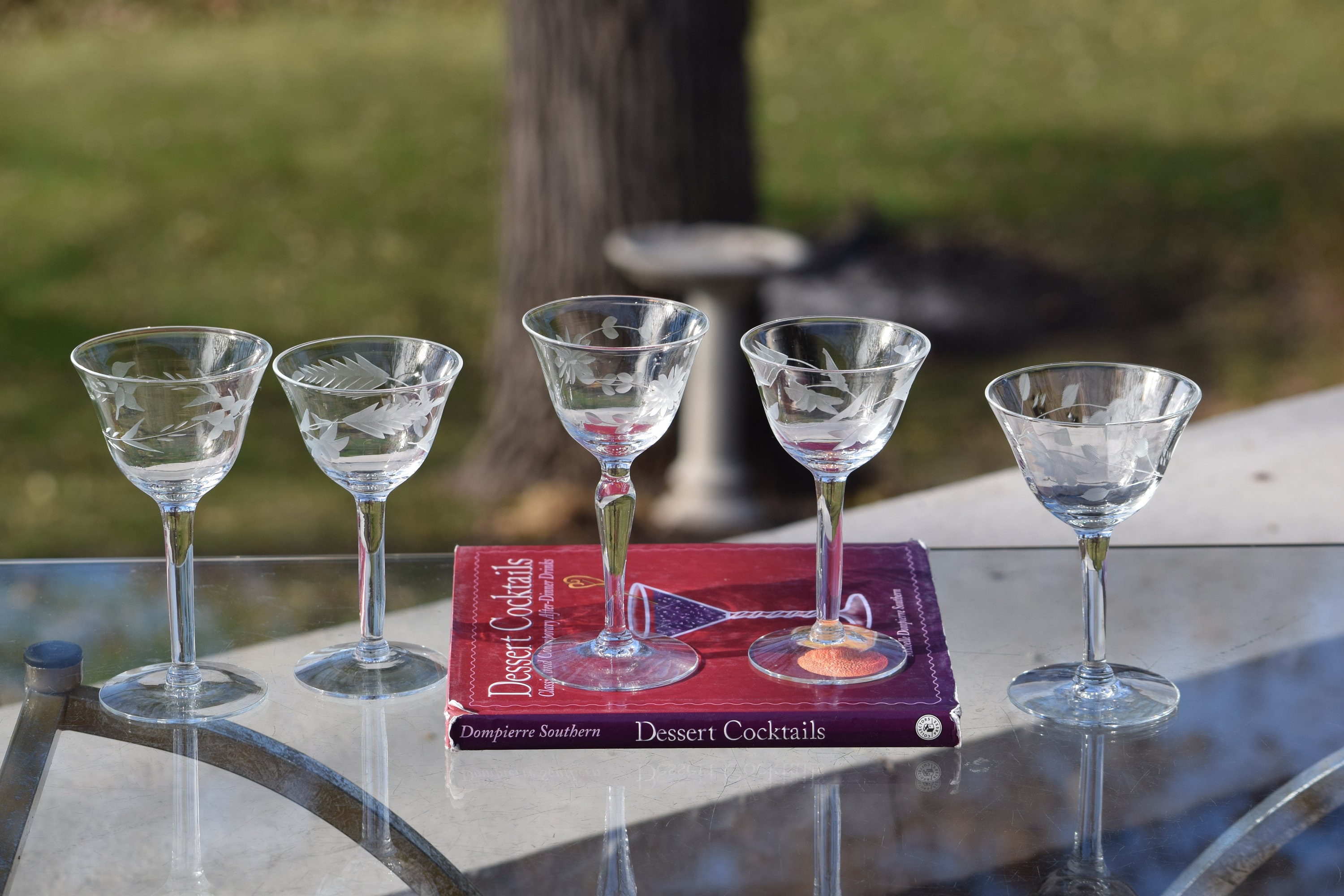 5 Vintage Etched Wine Liquor Glasses, Set of 5 MisMatched 3 oz