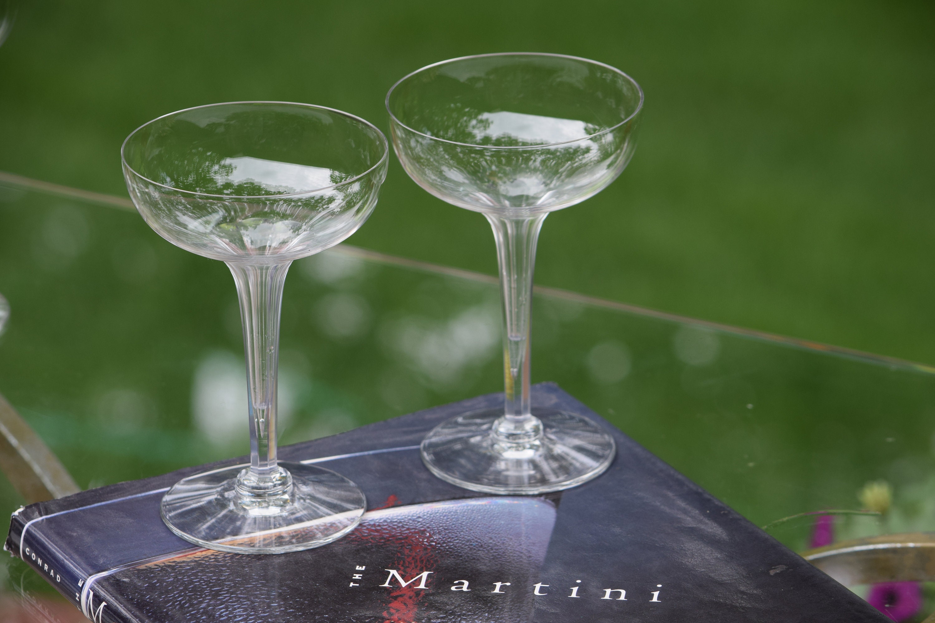 Vintage CRYSTAL Hollow Stem Champagne Coupes, Set of 7, Central Glass Works, circa 1940's