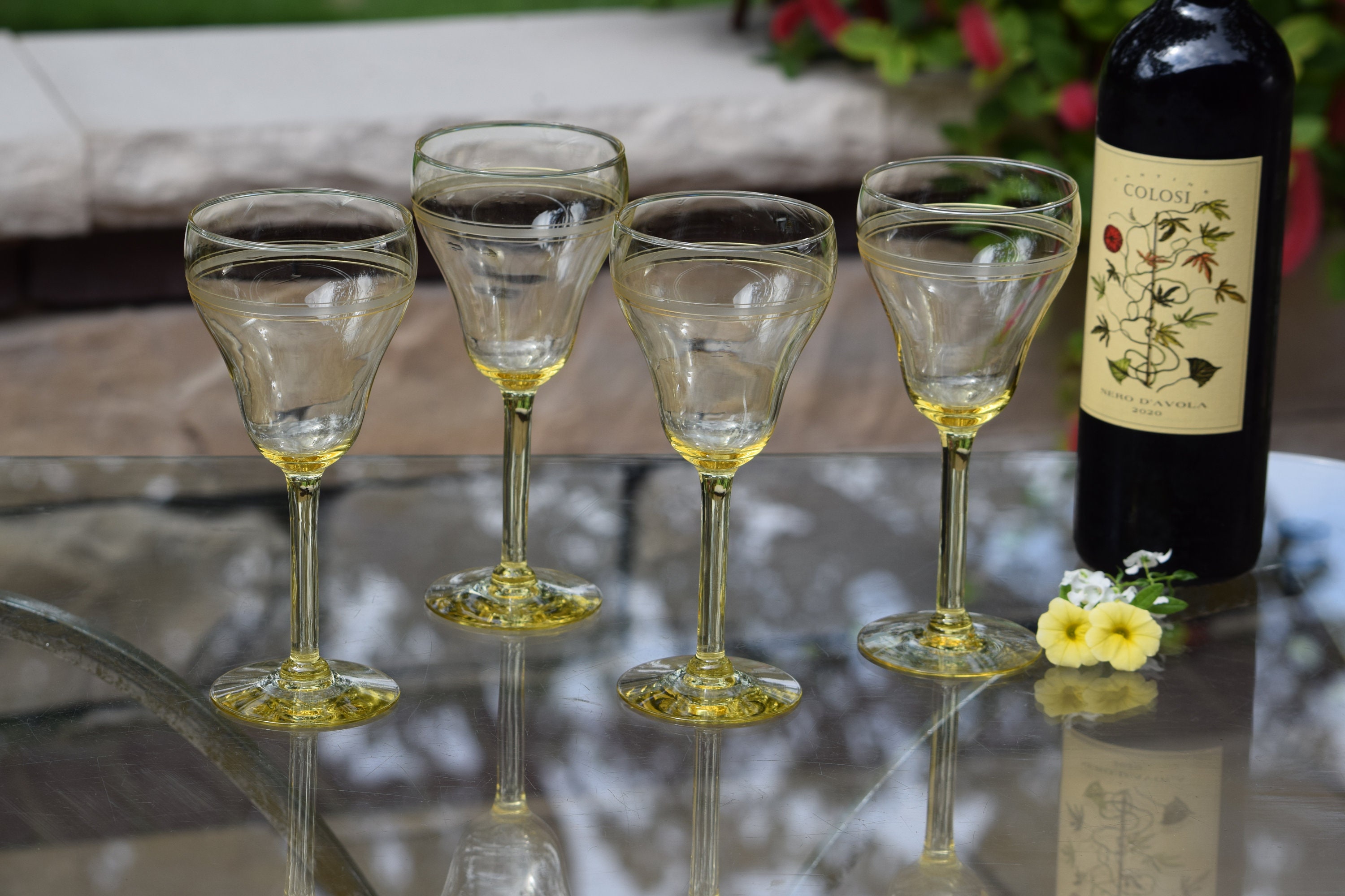 4 Vintage Etched Yellow Wine Glasses, 1940's, Elegant Tall Yellow