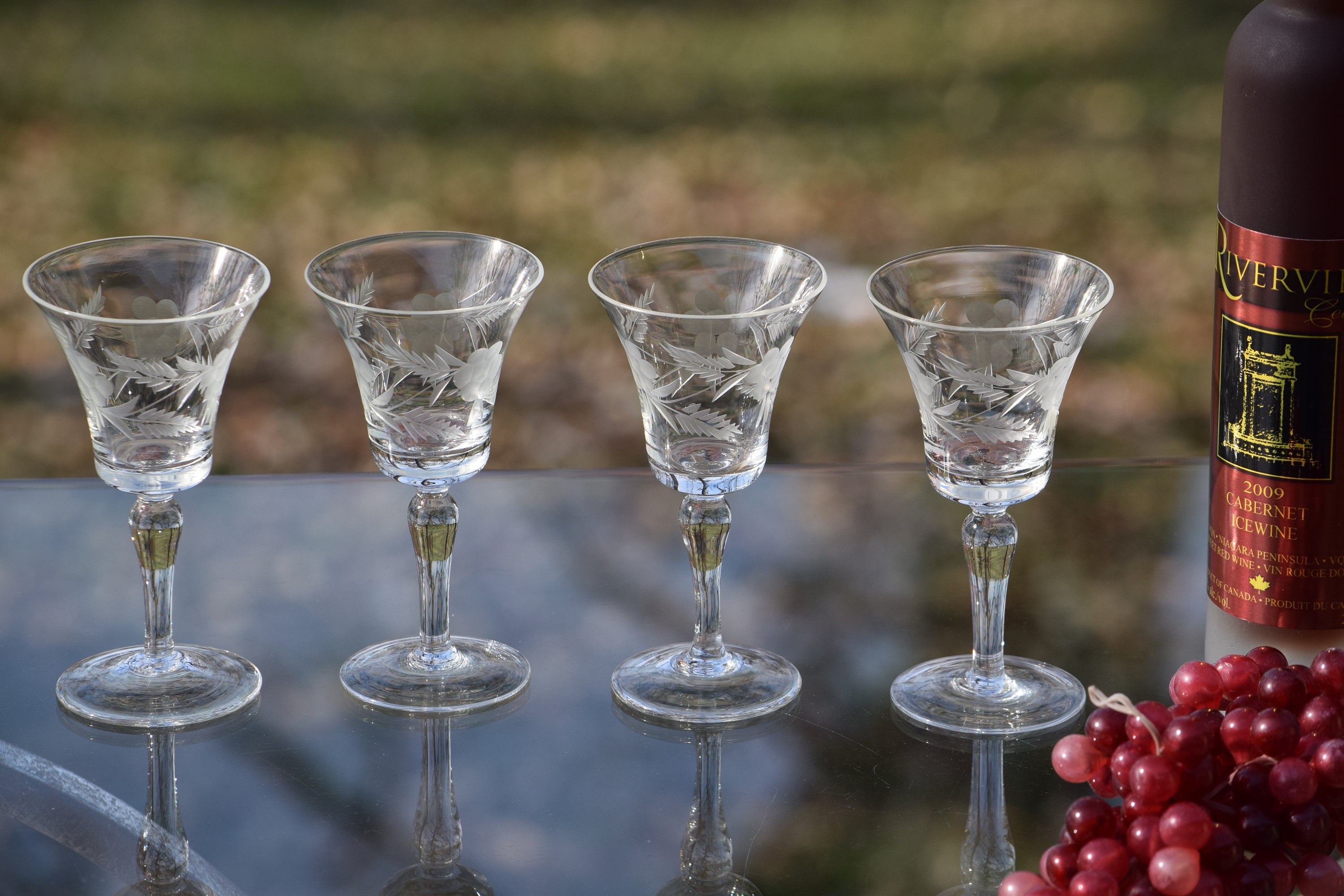 Vintage Etched Wine Cordials Glasses, Set of 4, circa 1950, 2 oz
