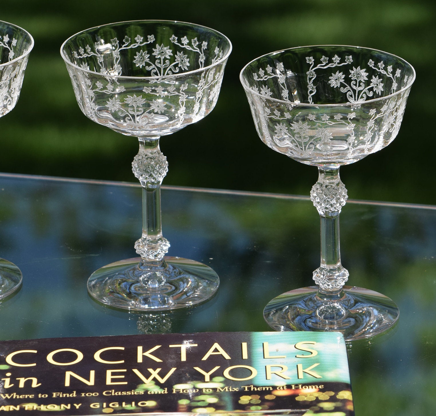 Reserved for Ralph- Sold -Vintage CRYSTAL Etched Martini Cocktail Glasses,  Set of 12, Fostoria, Manor, circa 1933