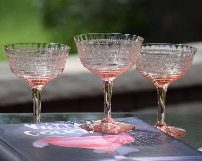 Antique Needle Etched Pink Champagne Cocktail Glasses, circa 1920s