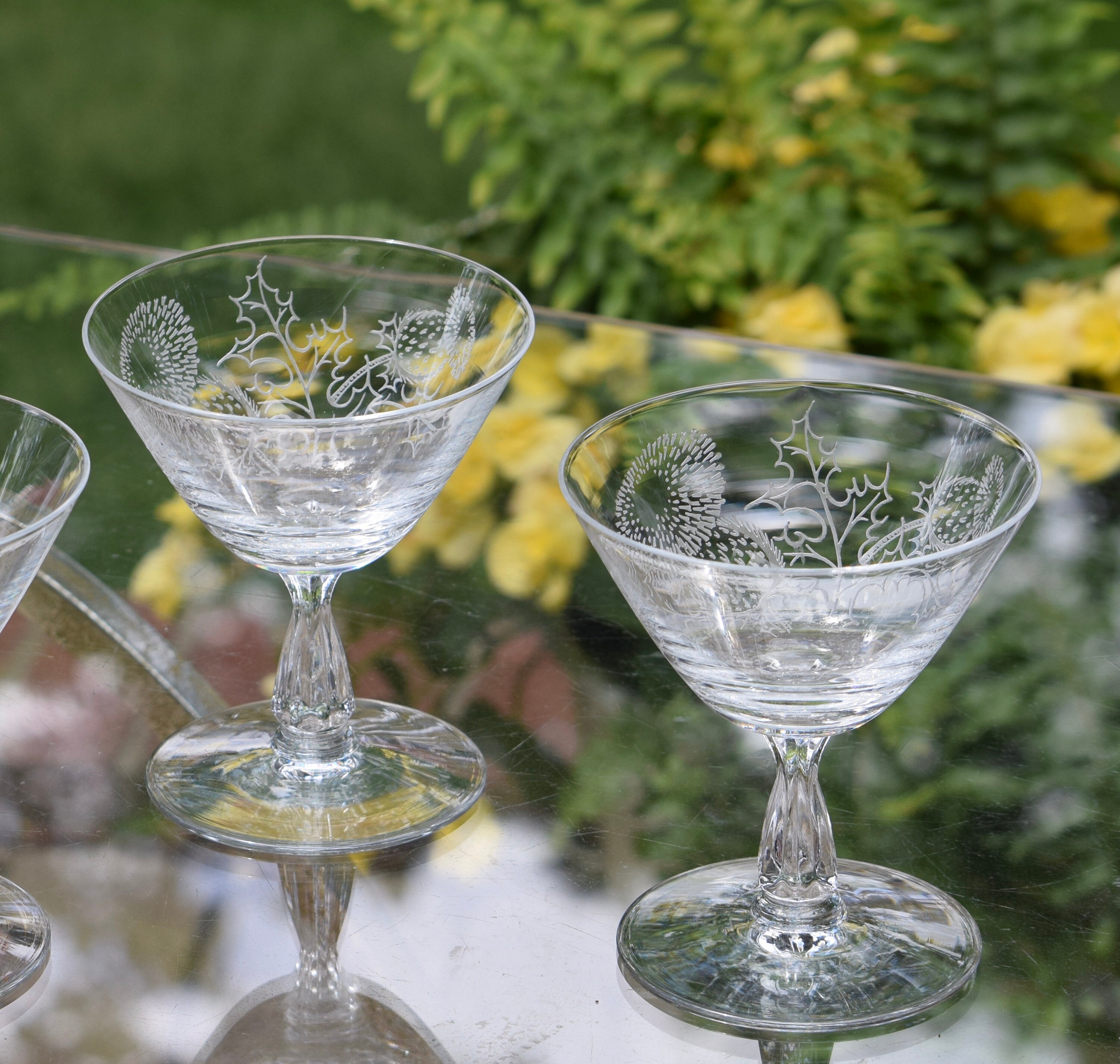 Vintage Etched Cocktail Martini Glasses, Set of 4, Fostoria, Thistle