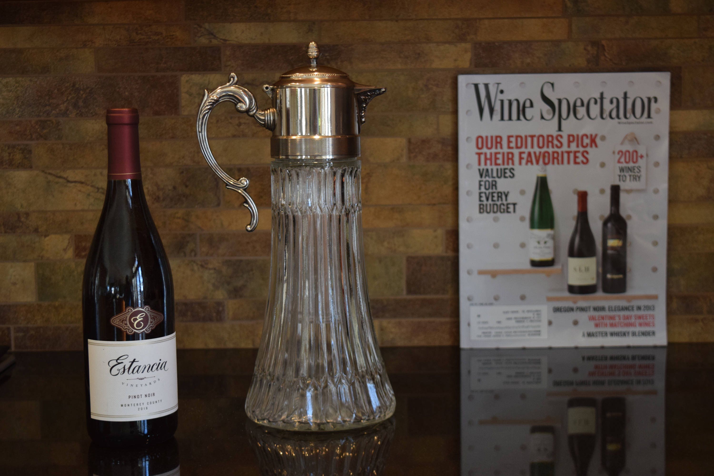 Vintage Wine Decanter Pitcher with Silver Top, circa 1940's, Home Bar