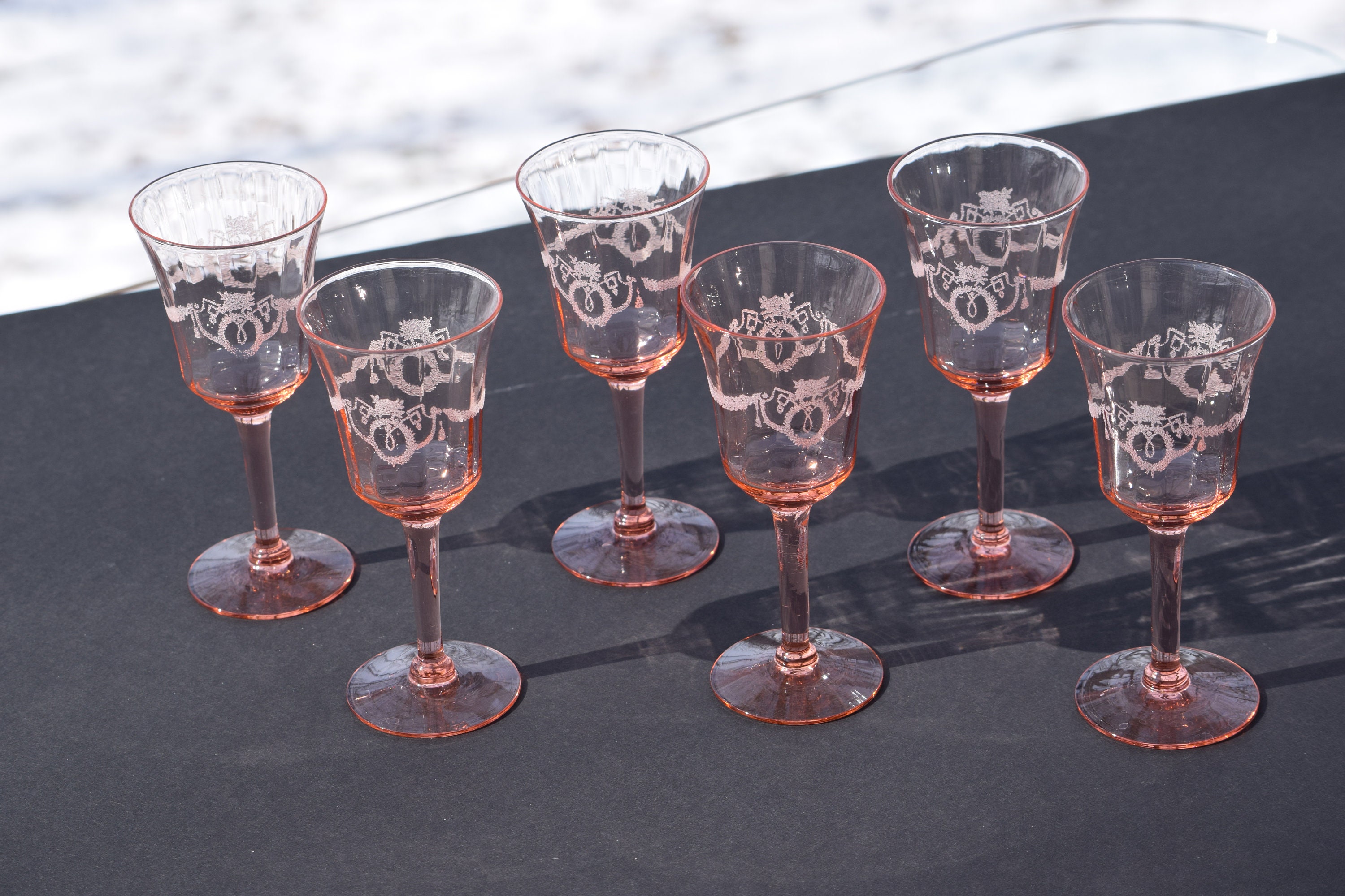 Vintage Pink Needle Etched Vaseline Glass Etched Wine Cordial glasses