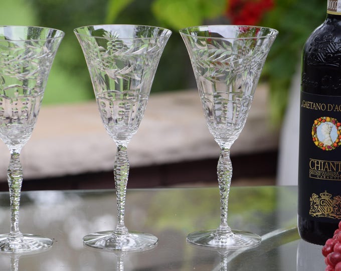 Vintage Etched Cut Stem Wine Glasses, Seneca Glass, 1940's, Tall Vintage Water Goblets,