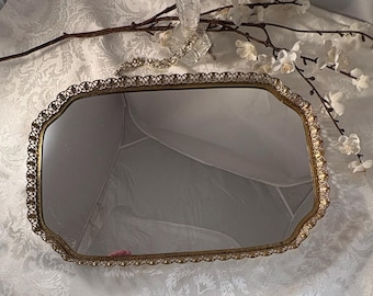 Vintage Gold Vanity Perfume Mirrored Tray, circa 1950's,  Vintage Shabby Chic Rectangle Mirrored Home Decor ~ Candle ~ Tray, Large Gold Tray