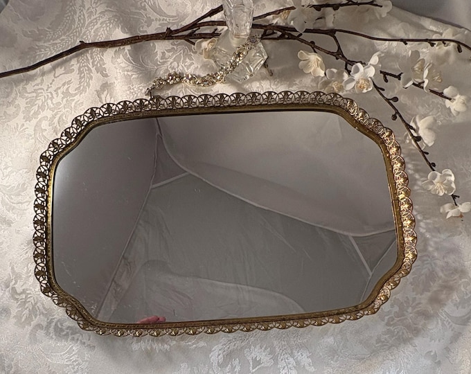 Vintage Gold Vanity Perfume Mirrored Tray, circa 1950's,  Vintage Shabby Chic Rectangle Mirrored Home Decor ~ Candle ~ Tray, Large Gold Tray