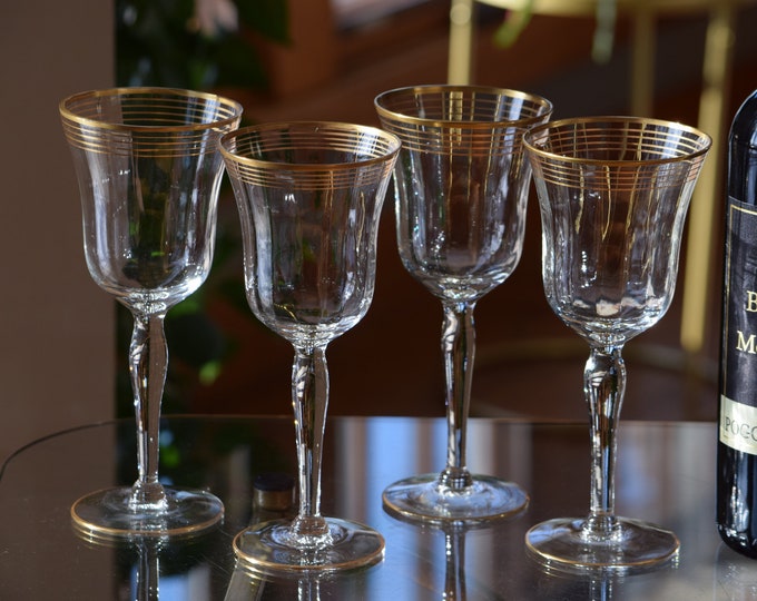 6 Vintage Gold Rimmed - Striped Wine Glasses, 1950's, Vintage Gold Rimmed -Wine Glasses - Water Goblets, Vintage Wedding Toasting Glasses