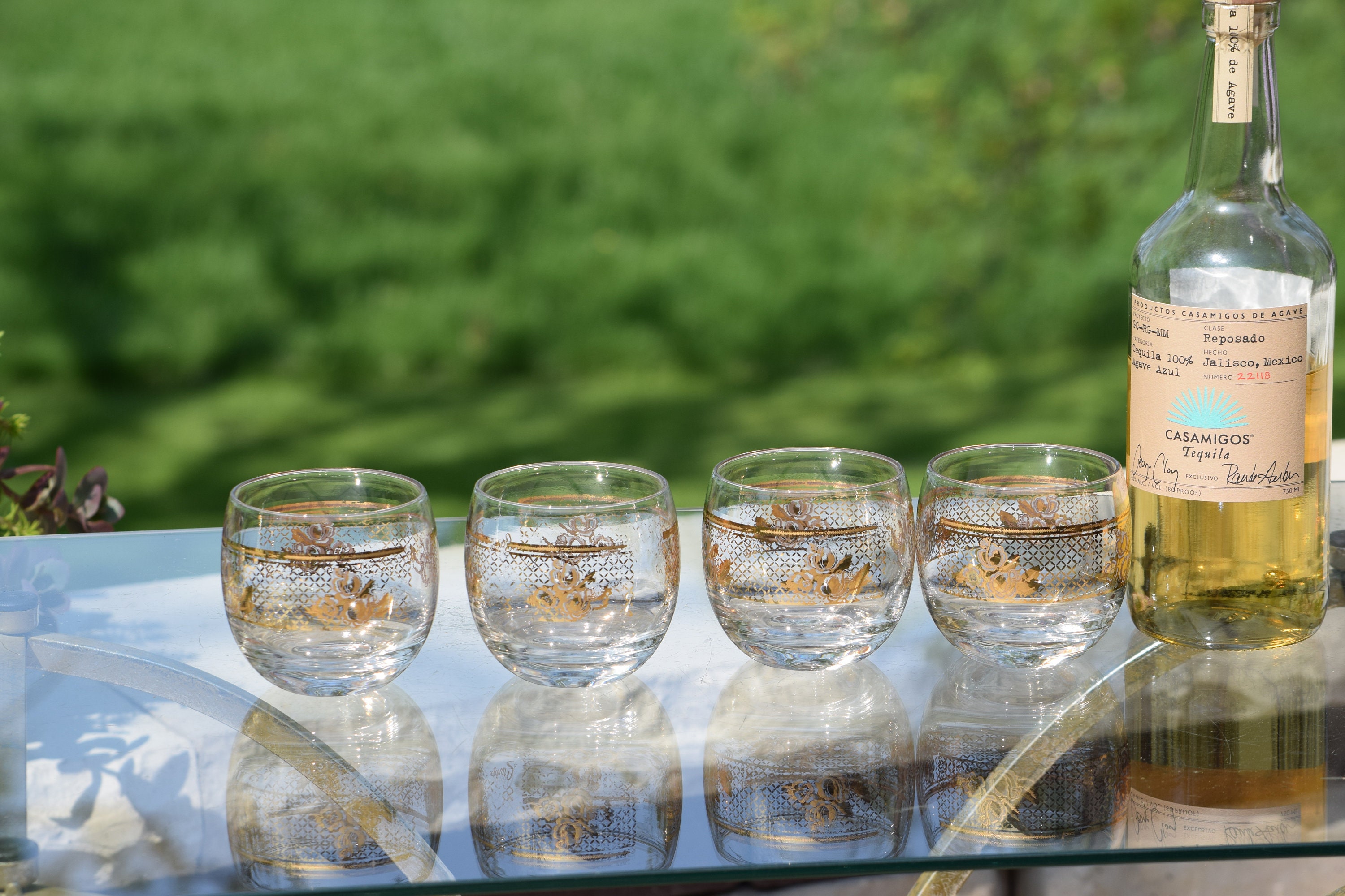 4 Vintage Gold Design Roly Poly Glasses, Bourbon Cocktail Glasses