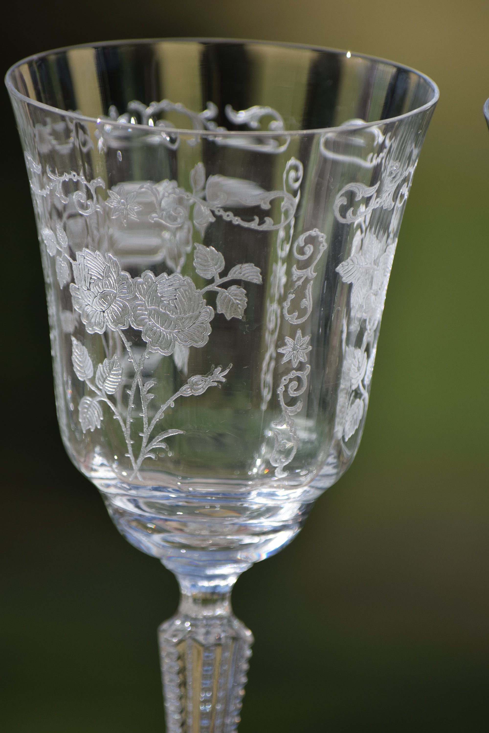 Antique Tall Sherbet Crystal Glasses by Fostoria. Etched Midnight Rose –  Anything Discovered