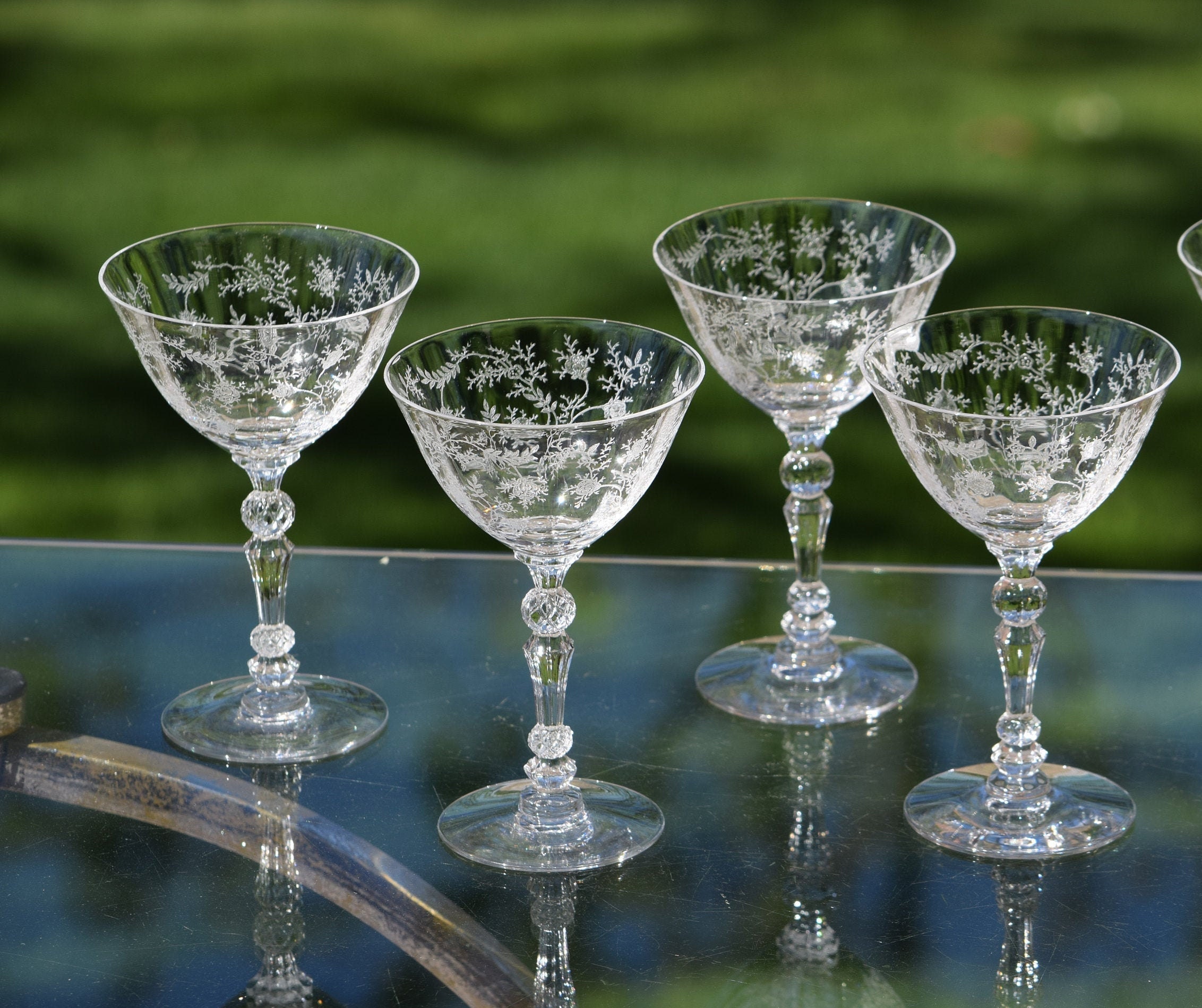 4 Vintage Etched CRYSTAL Liqueur Cocktail Glasses, Fostoria, Circa