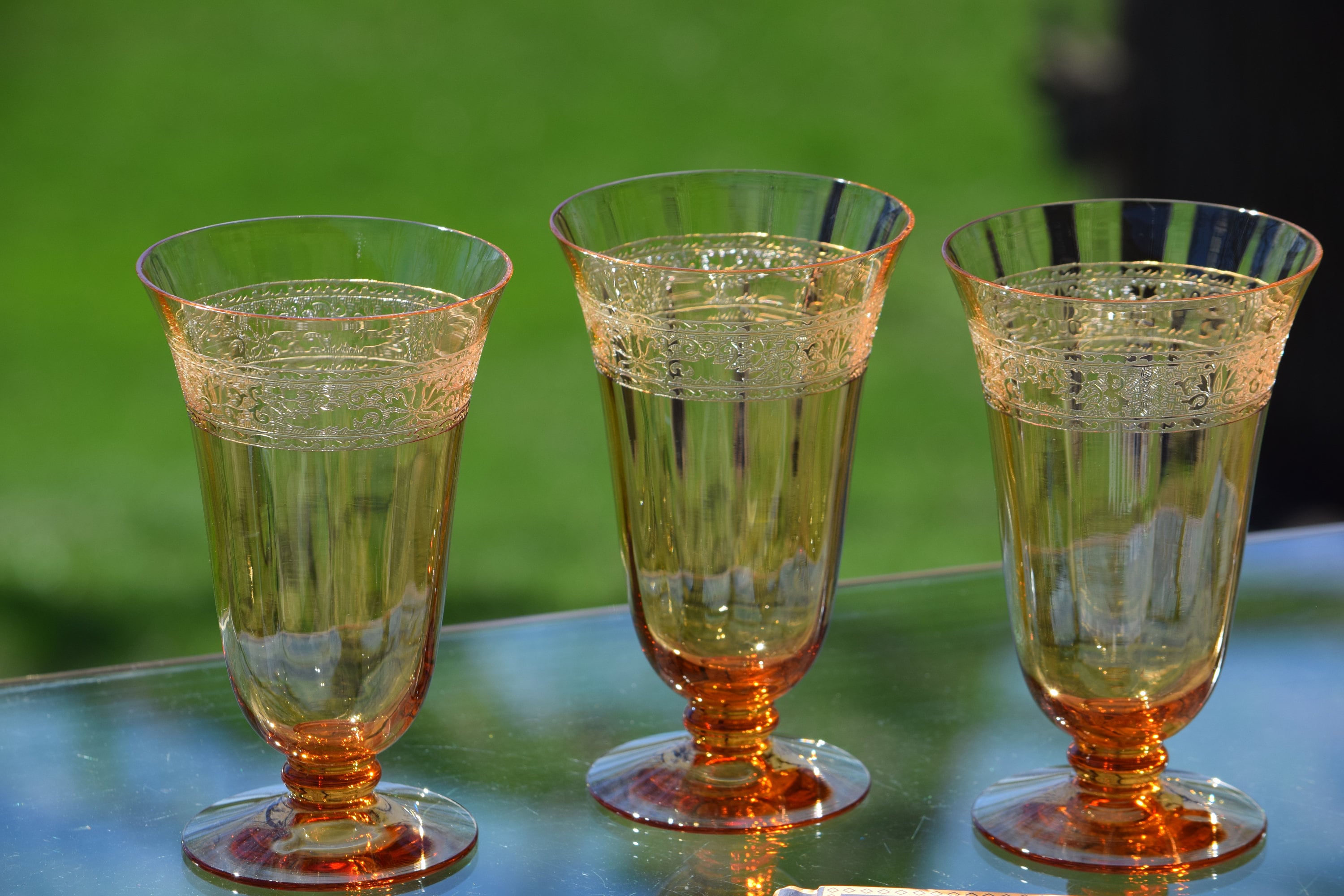 Vintage Etched Amber Optic Cocktail Glasses, Set of 3, Wine Glass, Set