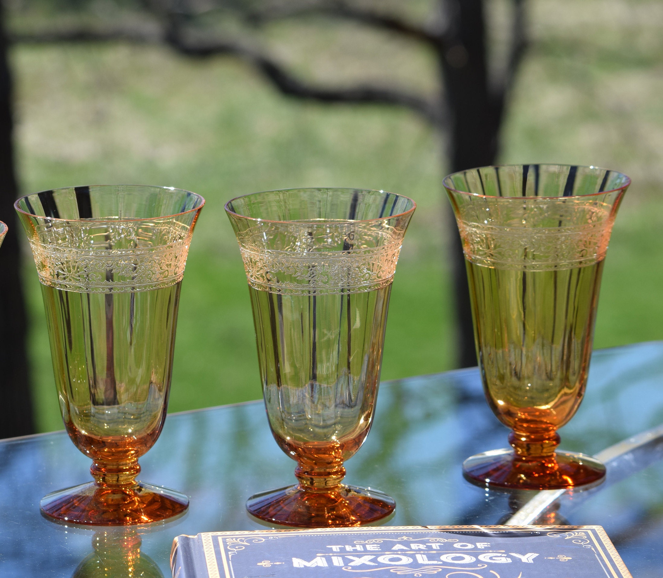 Vintage Etched Amber Optic Cocktail Glasses, Set of 3, Wine Glass, Set