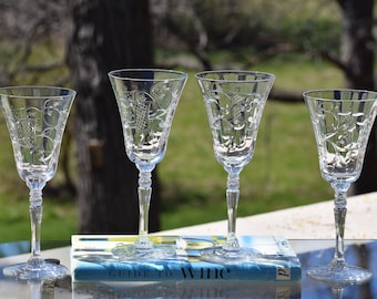 4 Vintage Etched Wine Glasses ~ Water Goblets, 1950's Etched Wine Glasses, Vintage Wine Glasses, Wedding Glasses