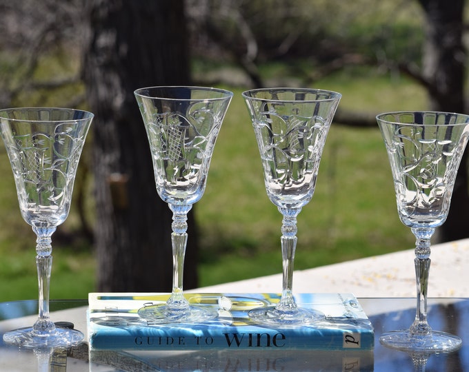 TALL and BEAUTIFUL!  4 Vintage Etched Wine Glasses ~ Water Goblets, 1950's Etched Wine Glasses, Vintage Wine Glasses, Wedding Glasses