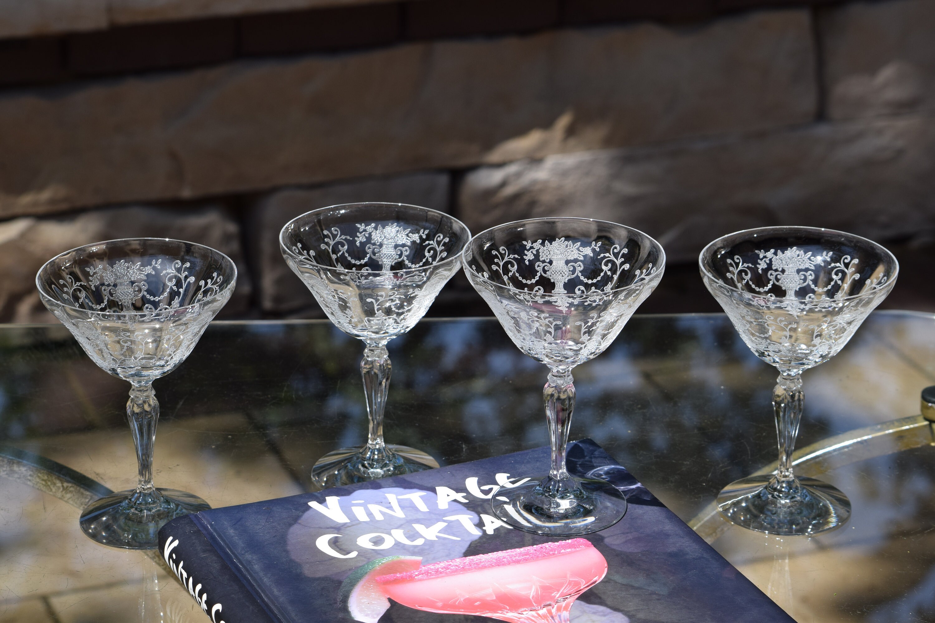 4 Vintage Etched CRYSTAL Cocktail Martini glasses, Fostoria